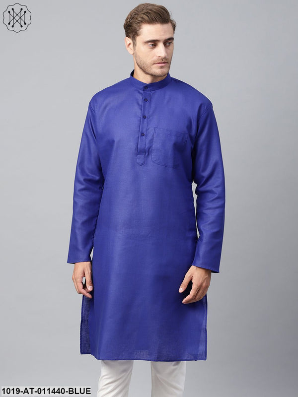 Men's Cotton Linen Blend Royal Blue Solid Only Long Kurta - Sojanya