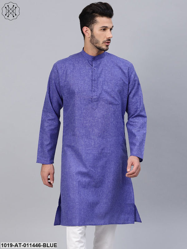 Men's Cotton Linen Blend Indigo Blue Solid Only Long Kurta - Sojanya