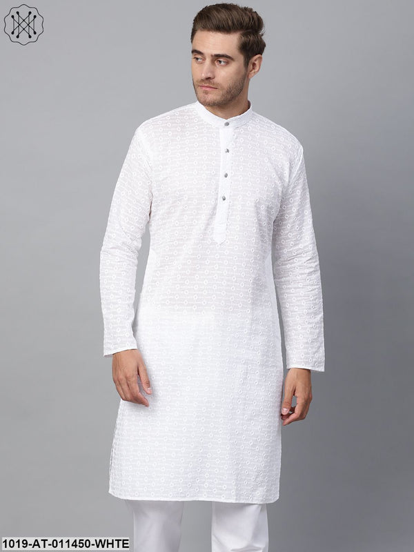 Men's 100% Cotton White Chicken Only Long Kurta - Sojanya