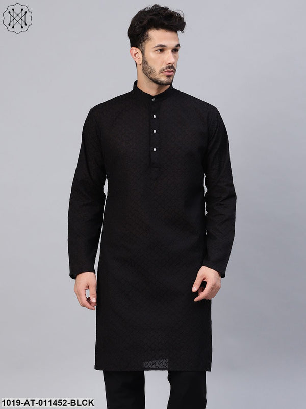 Men's 100% Cotton Black Chicken Only Long Kurta - Sojanya