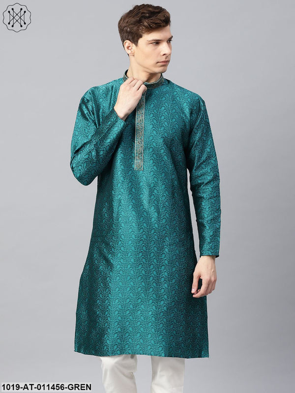 Men's Silk Blend Teal Green Self Design Only Long Kurta - Sojanya