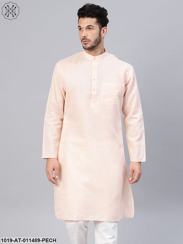 Men's Cotton Linen Blend Peach Solid Only Long Kurta - Sojanya