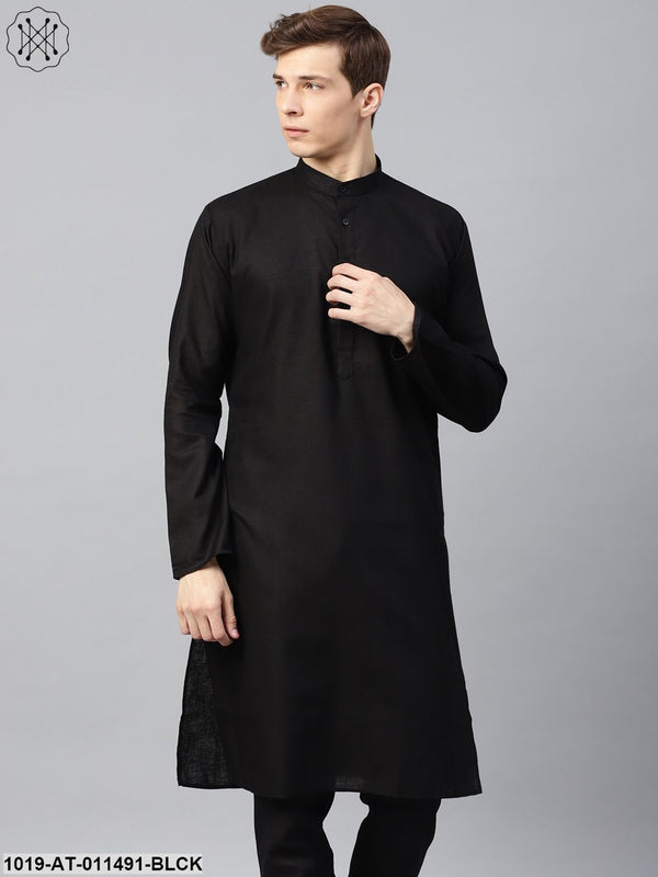 Men's Cotton Linen Blend Black Solid Only Long Kurta - Sojanya