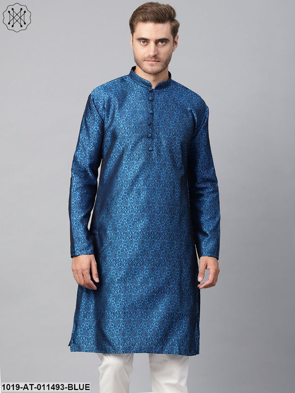 Men's Silk Blend Blue Self Design Only Long Kurta - Sojanya