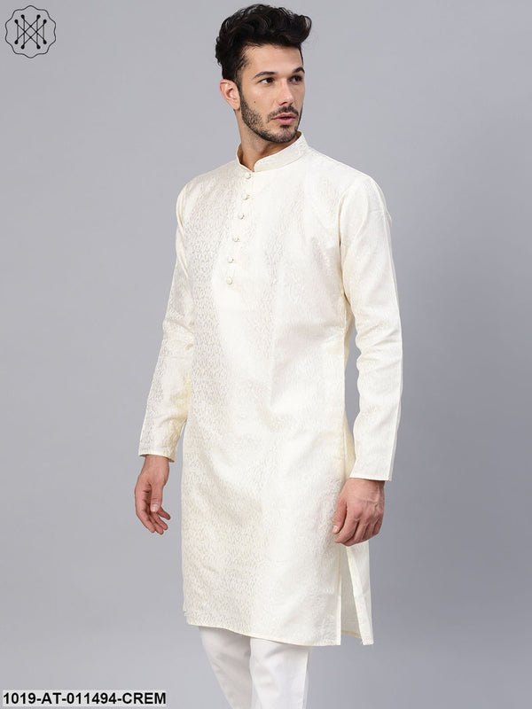 Men's Silk Blend Cream Self Design Only Long Kurta - Sojanya