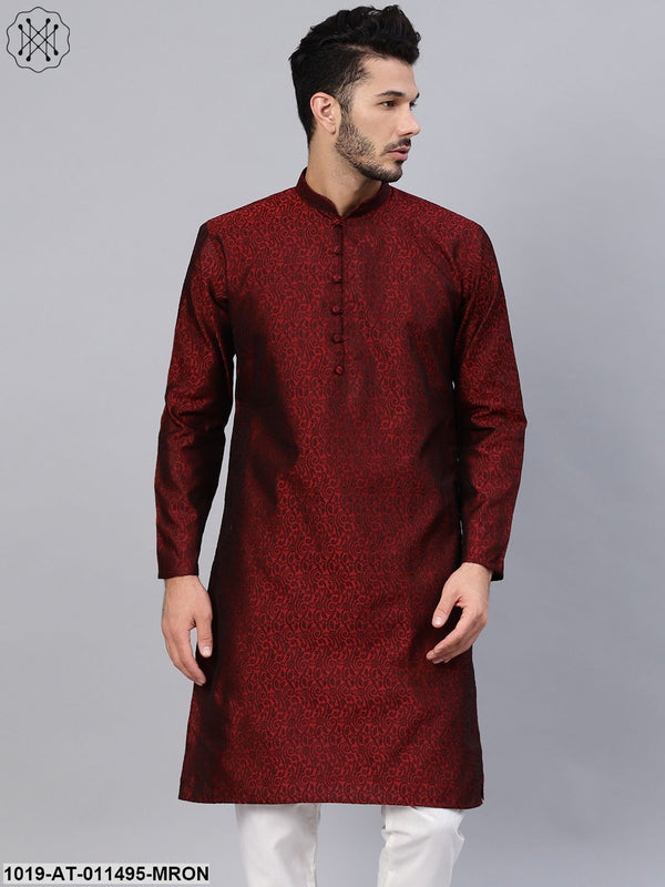 Men's Silk Blend Maroon Self Design Only Long Kurta - Sojanya