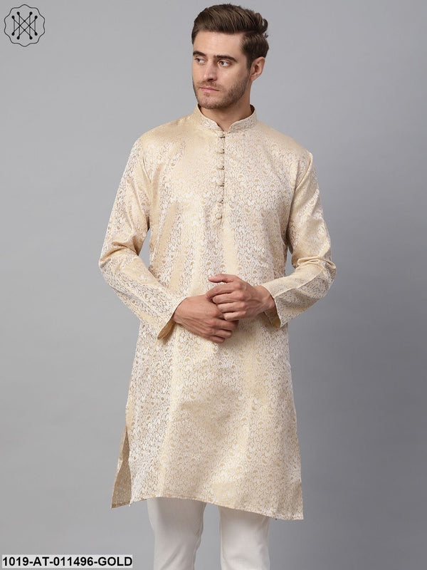 Men's Silk Blend Gold Self Design Only Long Kurta - Sojanya