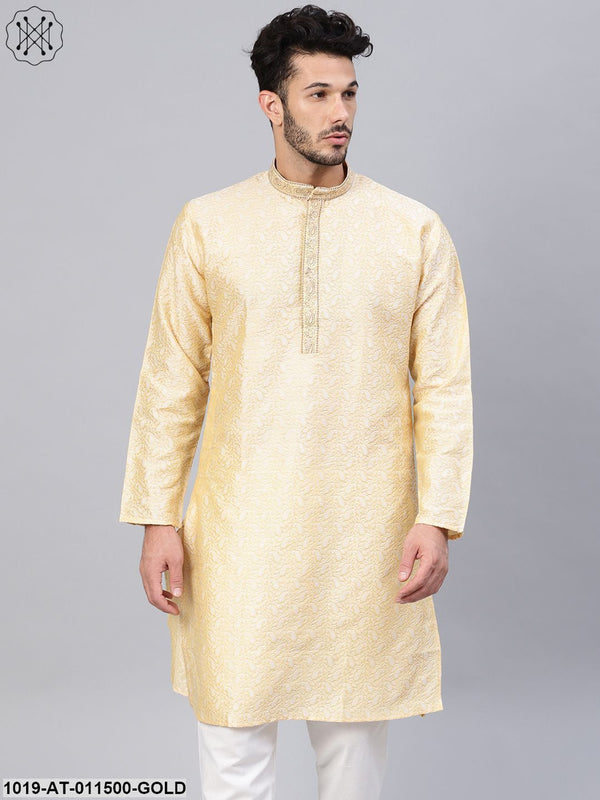 Men's Silk Blend Gold Self Design Only Long Kurta - Sojanya