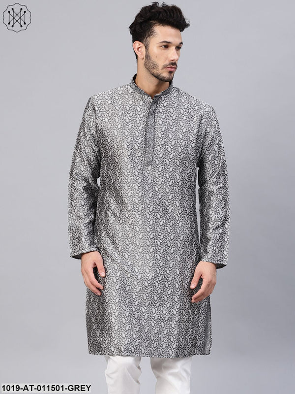 Men's Silk Blend Grey Self Design Only Long Kurta - Sojanya