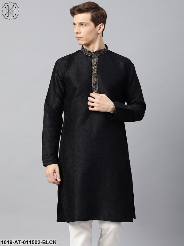 Men's Silk Blend Black Self Design Only Long Kurta - Sojanya