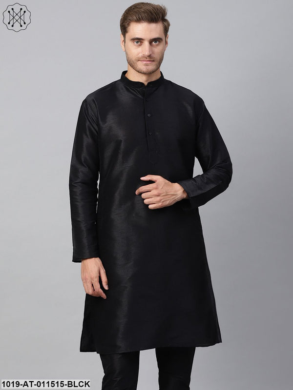 Men's Silk Blend Black Solid Only Long Kurta - Sojanya