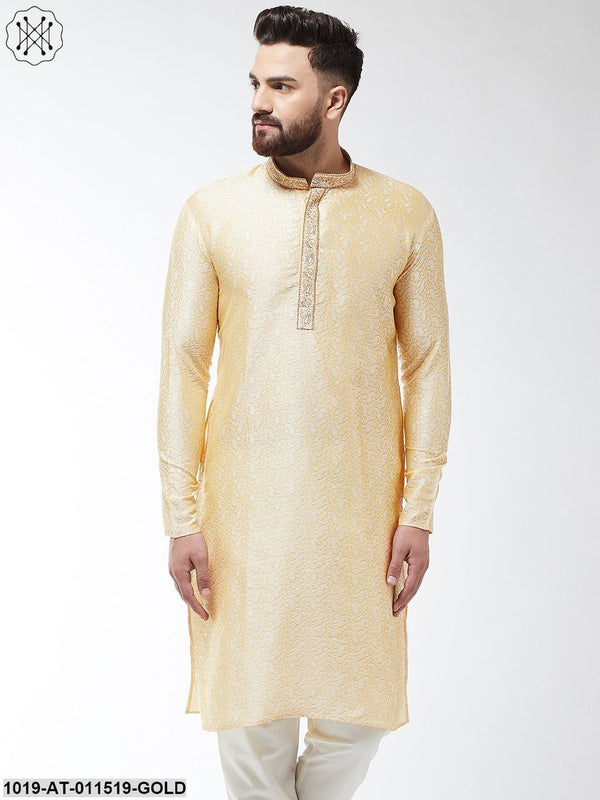 Men's Silk Blend Gold Self Design Only Long Kurta - Sojanya