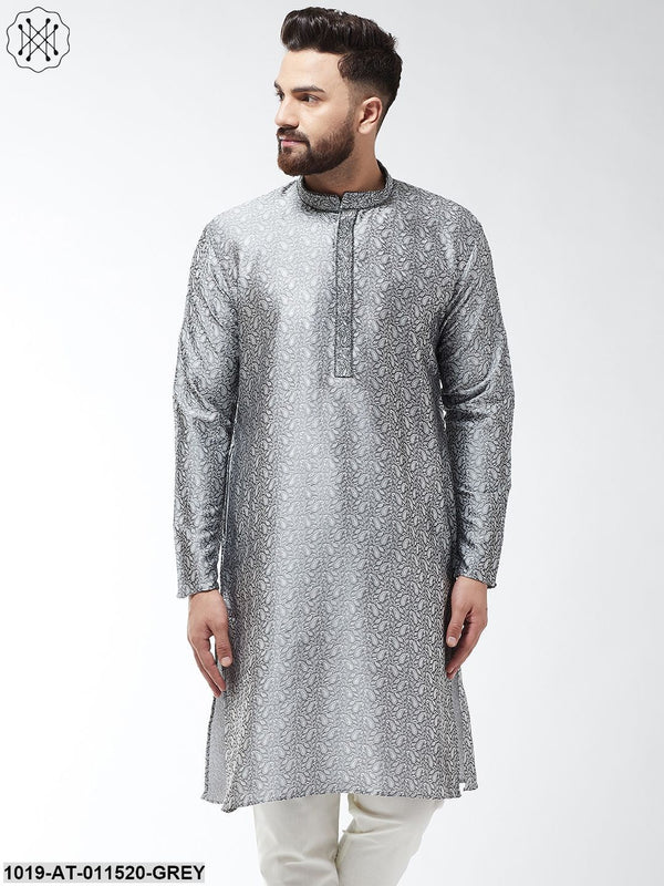 Men's Silk Blend Grey Self Design Only Long Kurta - Sojanya