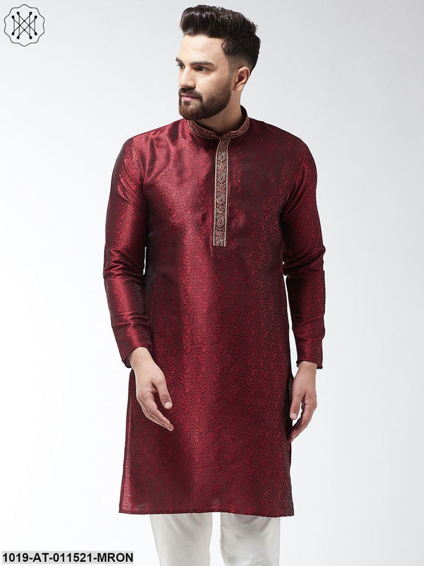 Men's Silk Blend Maroon Self Design Only Long Kurta - Sojanya