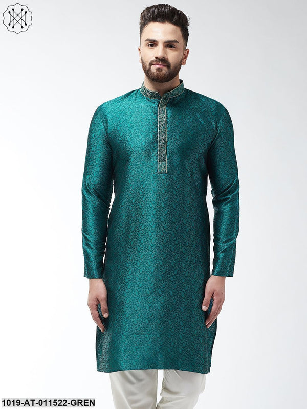 Men's Silk Blend Teal Green Self Design Only Long Kurta - Sojanya