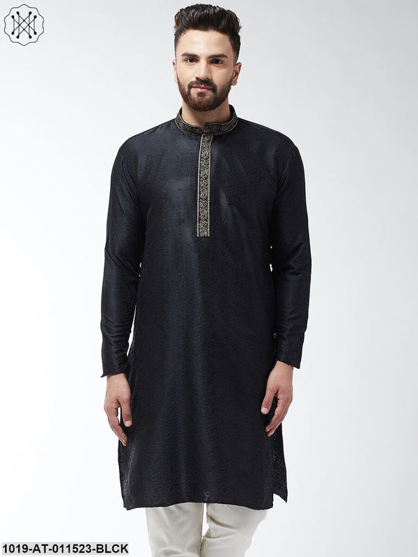 Men's Silk Blend Black Self Design Only Long Kurta - Sojanya