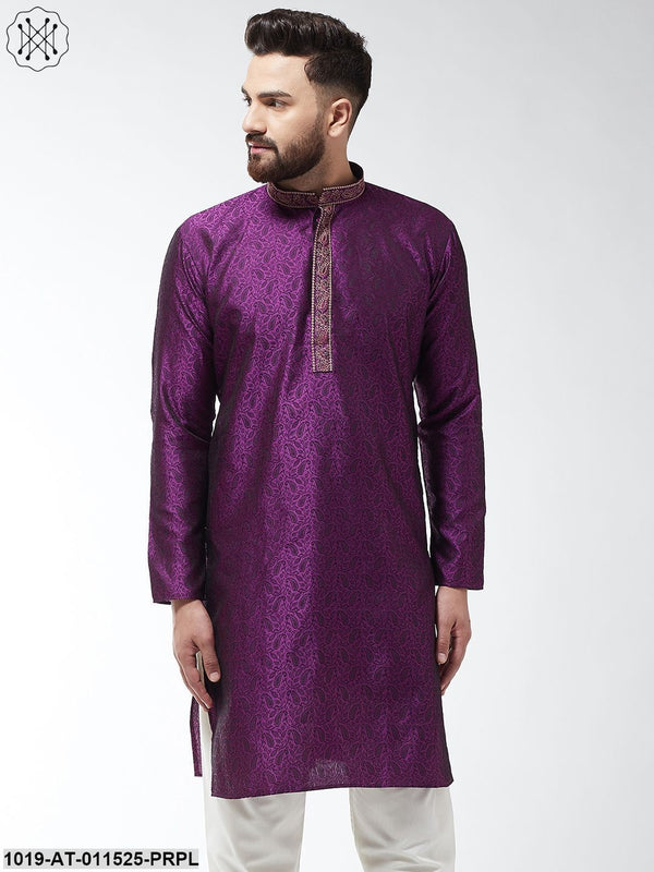 Men's Silk Blend Purple Self Design Only Long Kurta - Sojanya