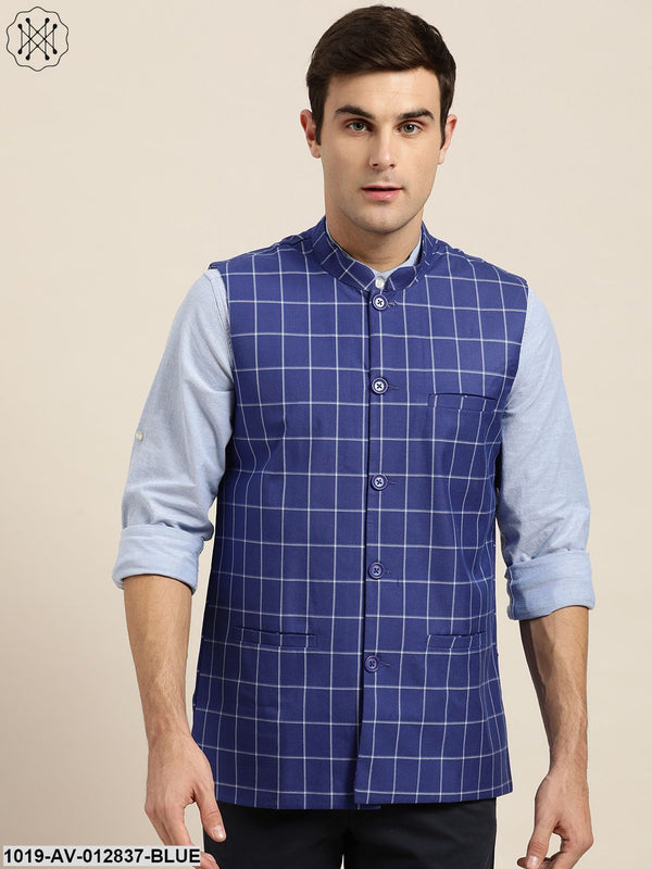 Men's Cotton Blend Maroon & Off White Checked Nehru Jacket - Sojanya