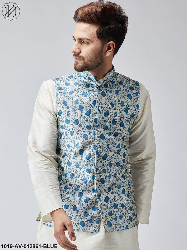 Men's Blue Printed Nehru Jacket - Sojanya