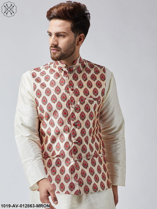 Men's Maroon Printed Nehru Jacket - Sojanya