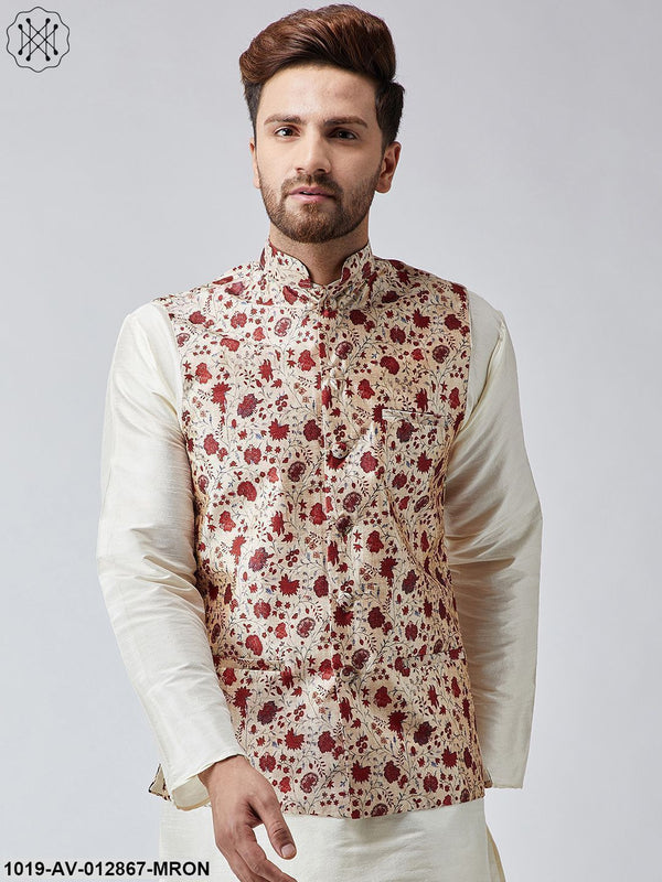 Men's Maroon Printed Nehru Jacket - Sojanya