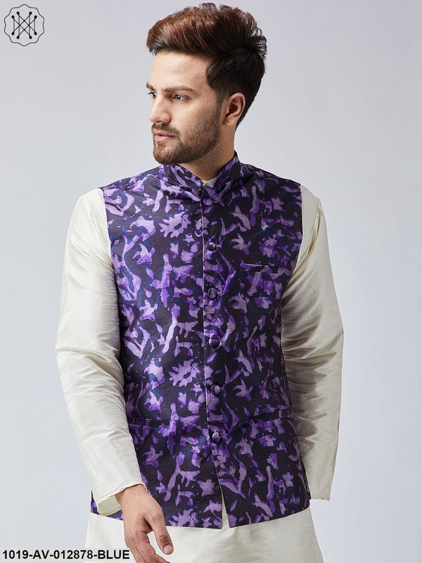 Men's Navy Blue Printed Nehru Jacket - Sojanya