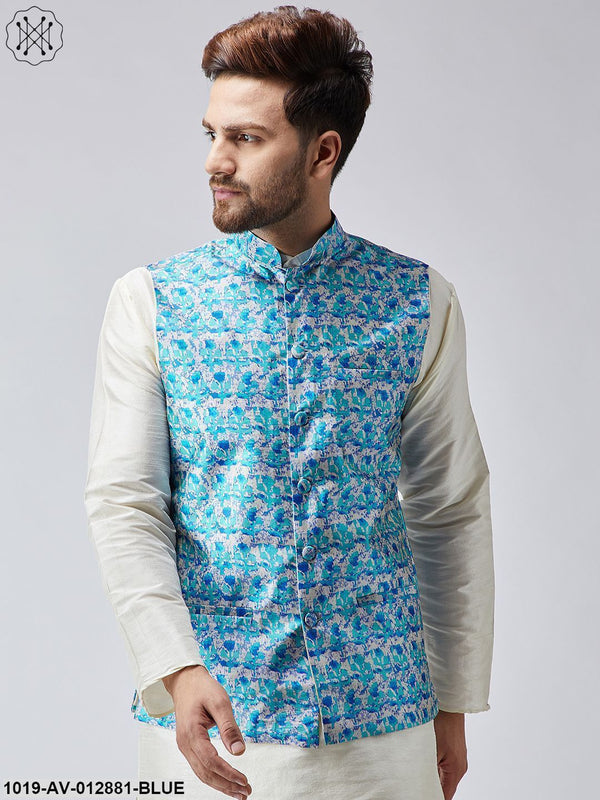 Men's Sky Blue Printed Nehru Jacket - Sojanya