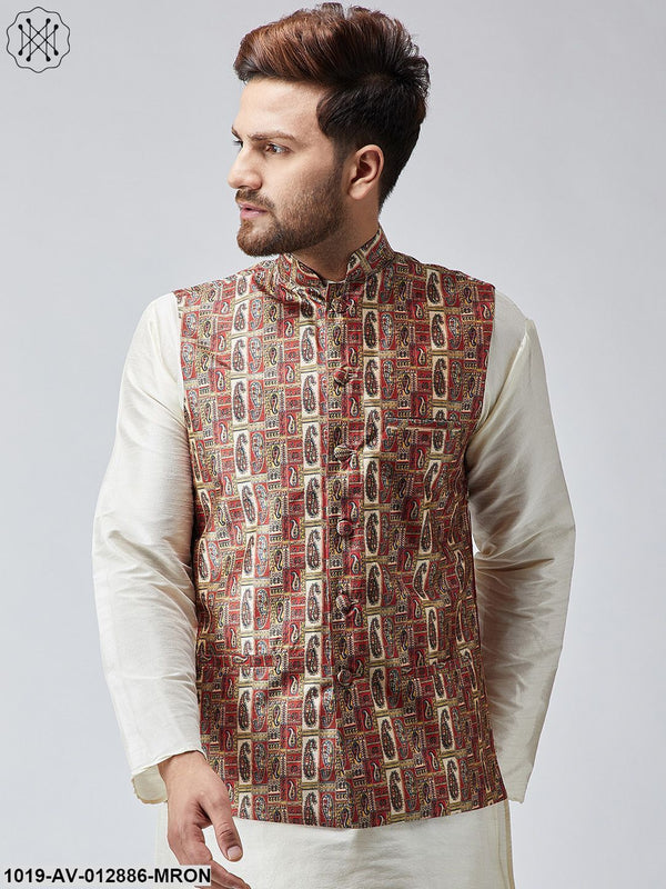 Men's Maroon Printed Nehru Jacket - Sojanya