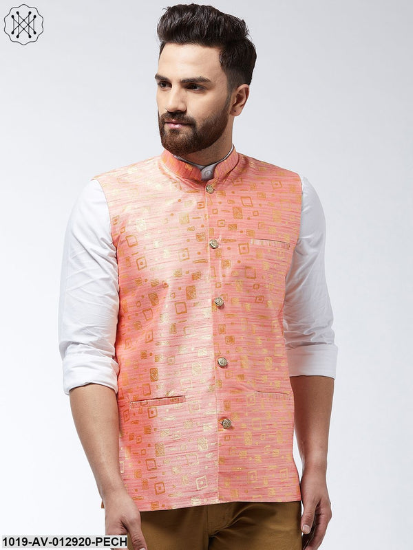 Men's Jacquard Silk Peach Designer Nehru Jacket - Sojanya