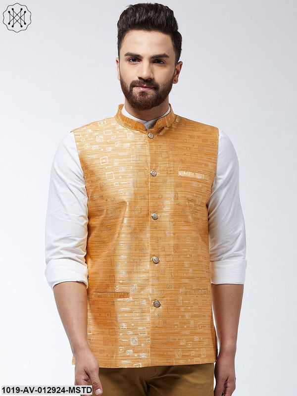 Men's Jacquard Silk Mustard Designer Nehru Jacket - Sojanya