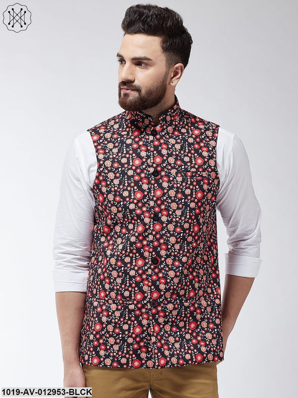 Men's Cotton Blend Black & Red Printed Nehru Jacket - Sojanya