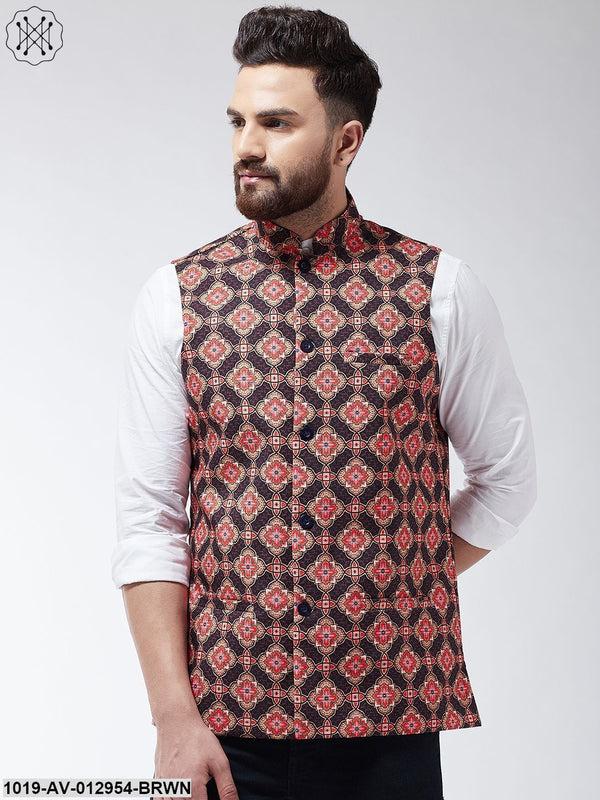 Men's Cotton Blend Coffee Brown & Multi Printed Nehru Jacket - Sojanya