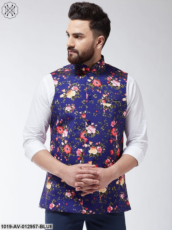 Men's Cotton Blend Royal Blue & Multicolored Printed Nehru Jacket - Sojanya