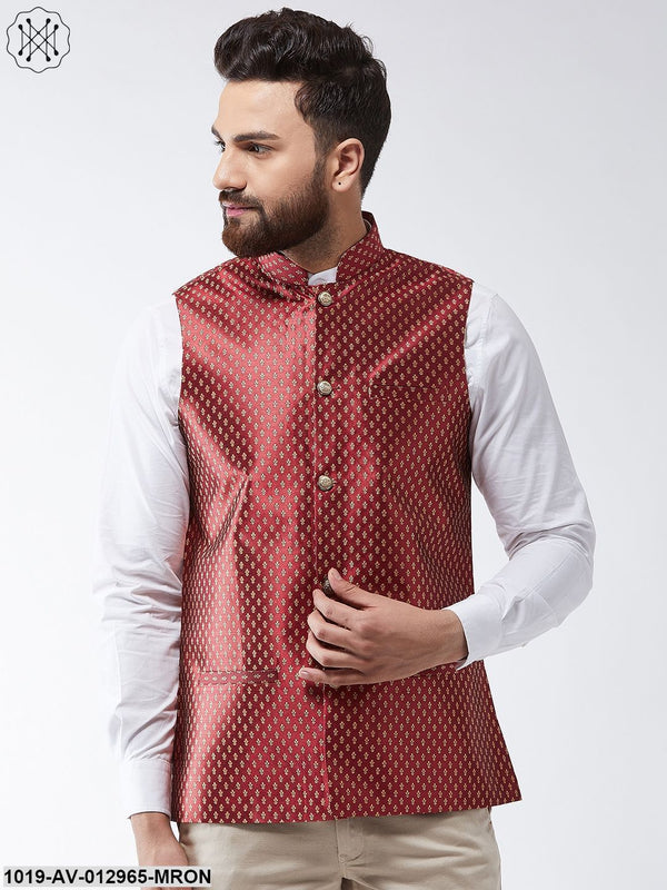 Men's Silk Blend Maroon & Gold Self Design Nehru Jacket - Sojanya