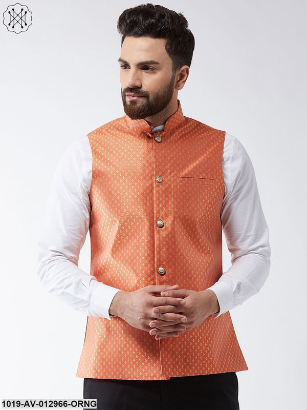 Men's Silk Blend Orange & Gold Self Design Nehru Jacket - Sojanya