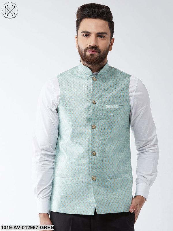 Men's Silk Blend Sea Green & Gold Self Design Nehru Jacket - Sojanya