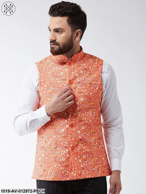 Men's Cotton Blend Dark Peach & Yellow Printed Nehru Jacket - Sojanya