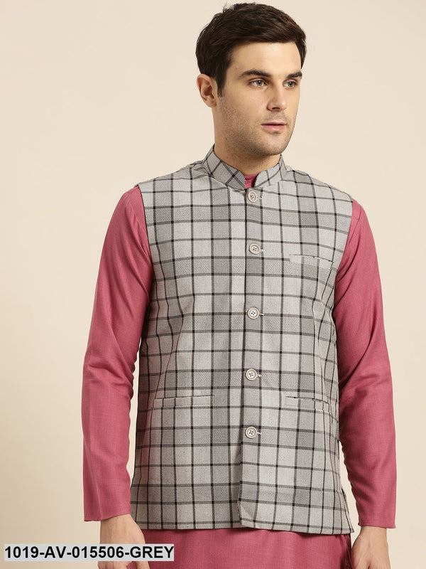 Men's Cotton Blend Grey & Black Checked Nehru Jacket - Sojanya