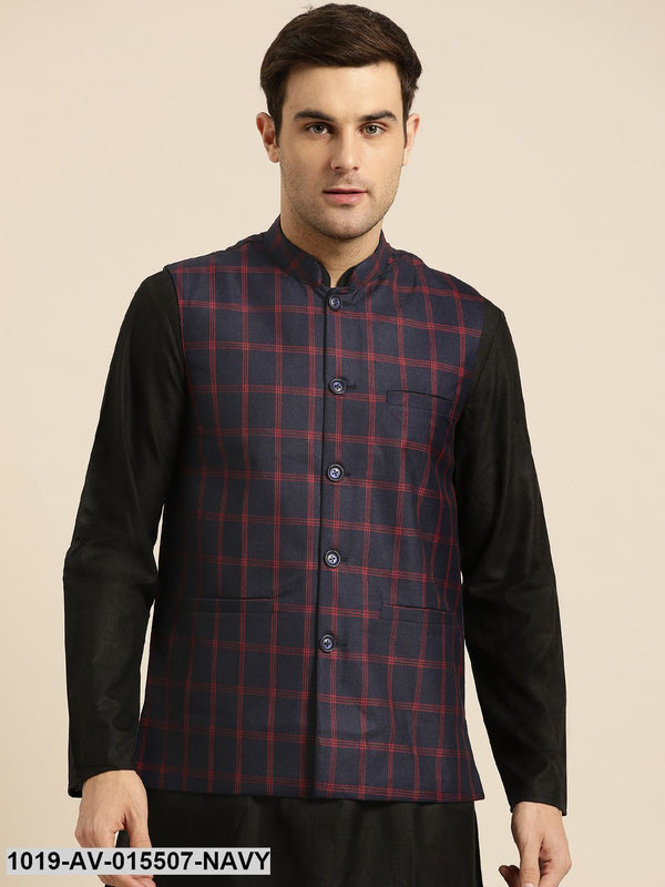 Men's Cotton Blend Navy Blue & Red Checked Nehru Jacket - Sojanya