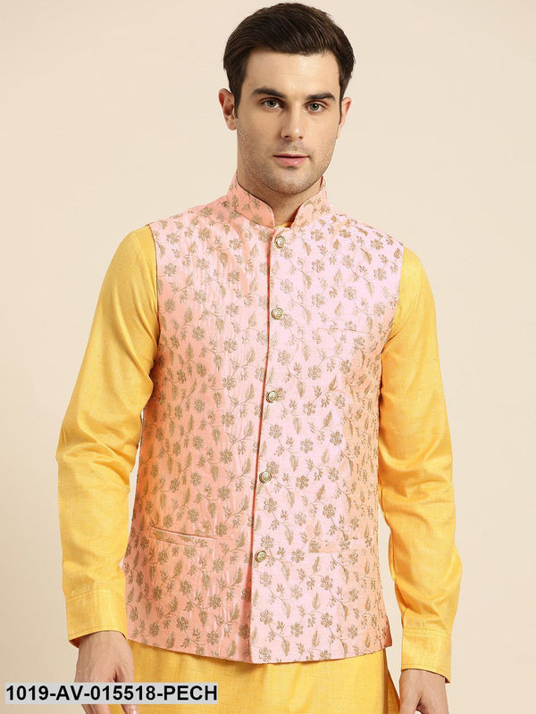 Men's Silk Blend Peach & Gold Embroidered Nehru Jacket - Sojanya