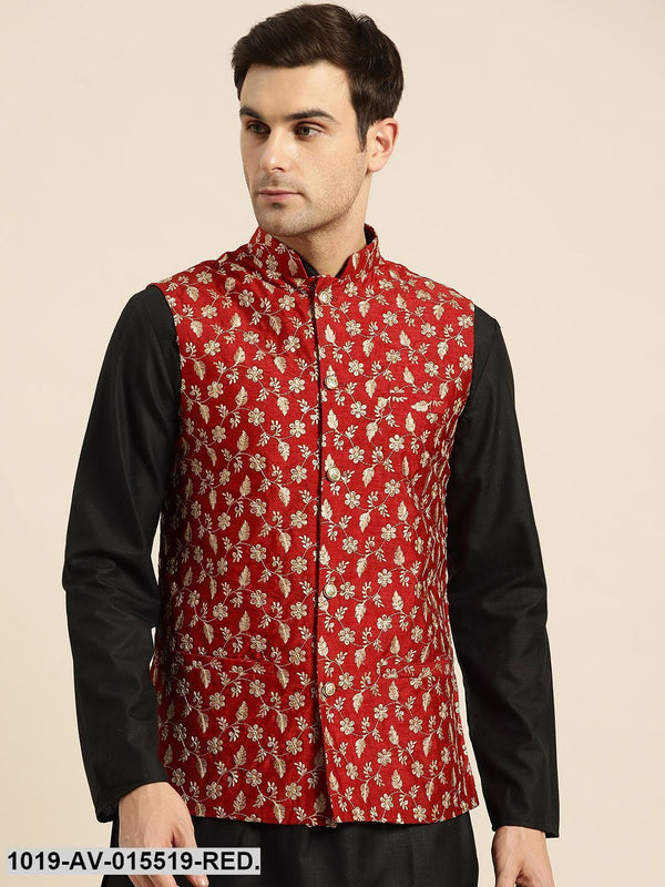 Men's Silk Blend Red & Gold Embroidered Nehru Jacket - Sojanya