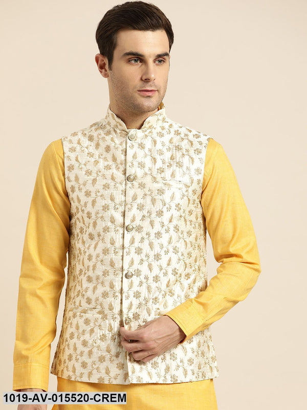 Men's Silk Blend Cream & Gold Embroidered Nehru Jacket - Sojanya