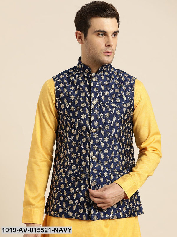 Men's Silk Blend Navy Blue & Gold Embroidered Nehru Jacket - Sojanya