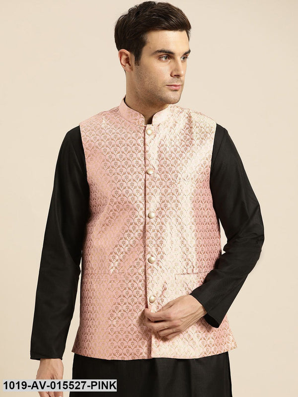 Men's Silk Blend Light Pink & Gold Self Design Nehru Jacket - Sojanya