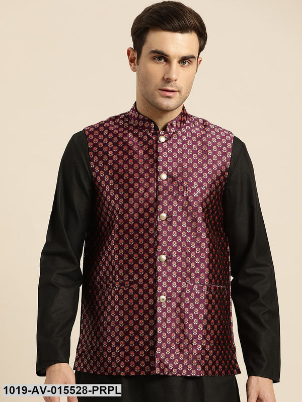 Men's Silk Blend Wine & Multi Color Self Design Nehru Jacket - Sojanya