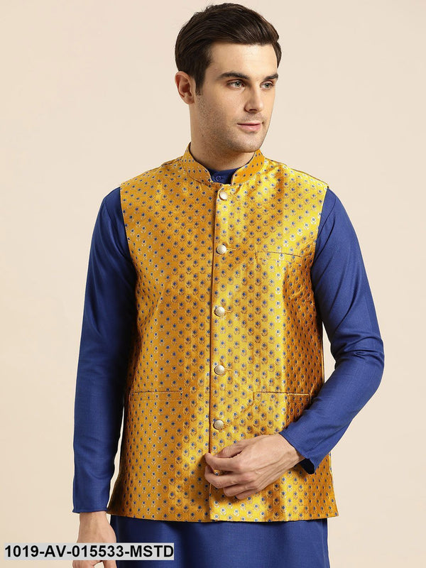 Men's Silk Blend Mustard & Multi Color Self Design Nehru Jacket - Sojanya