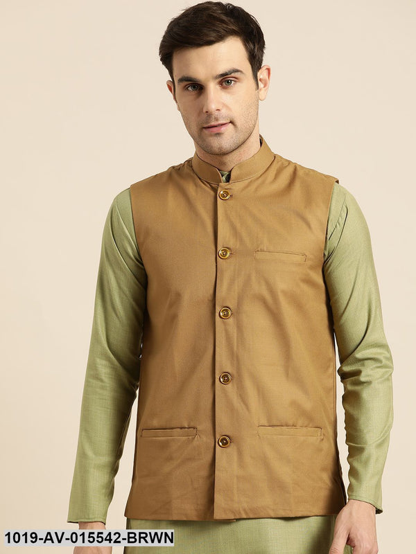 Men's Cotton Blend Brown Solid Nehru Jacket - Sojanya