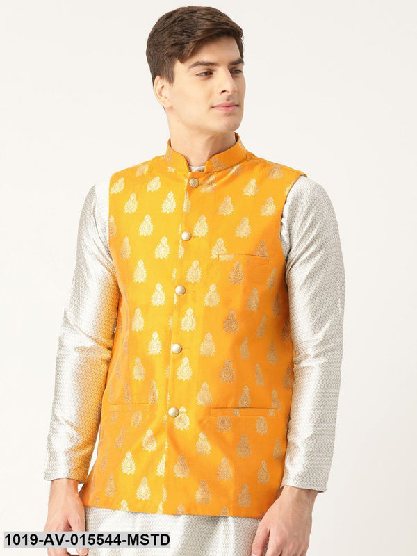 Men's Silk Blend Mustard & Gold Self Design Nehru Jacket - Sojanya