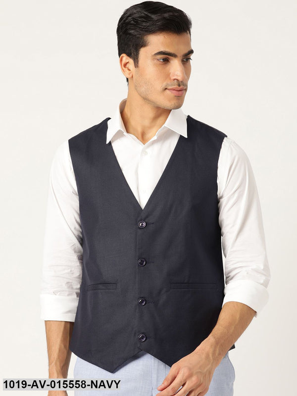 Men's Cotton Blend Navy Blue Solid Waistcoat - Sojanya