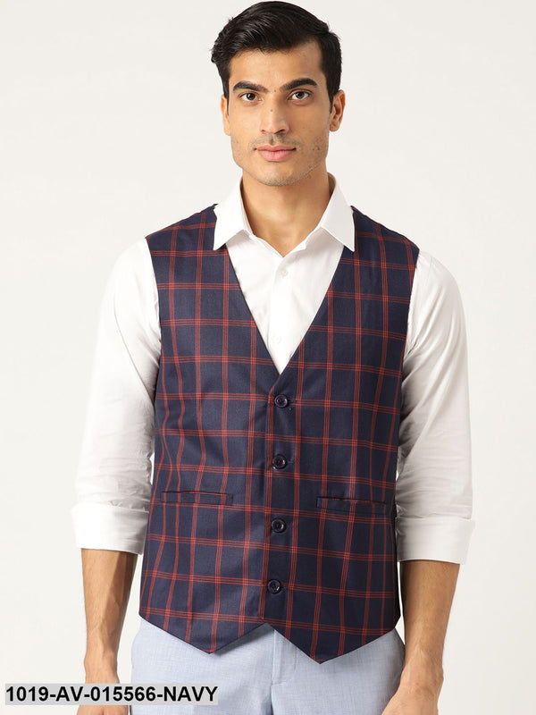 Men's Cotton Blend Navy Blue & Red Checked Waistcoat - Sojanya